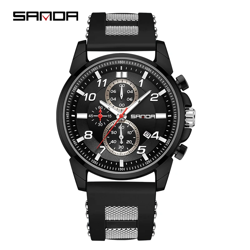 

Часы SANDA Мужские кварцевые деловые, модные спортивные водонепроницаемые с силиконовым ремешком, с хронографом и датой