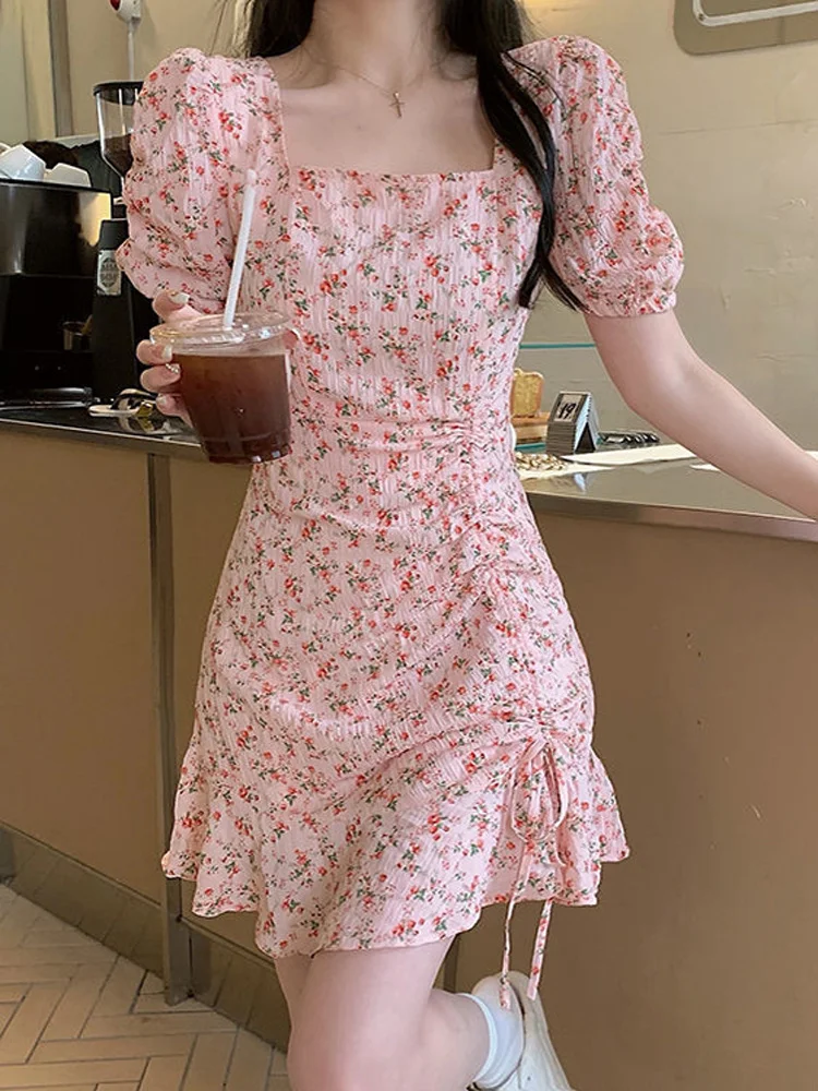 

Sweet Women Sexy Print Flower Dress Fashion Puff Sleeve High Waist Mini Dress summer Elegant Female Shirring Korean Dress