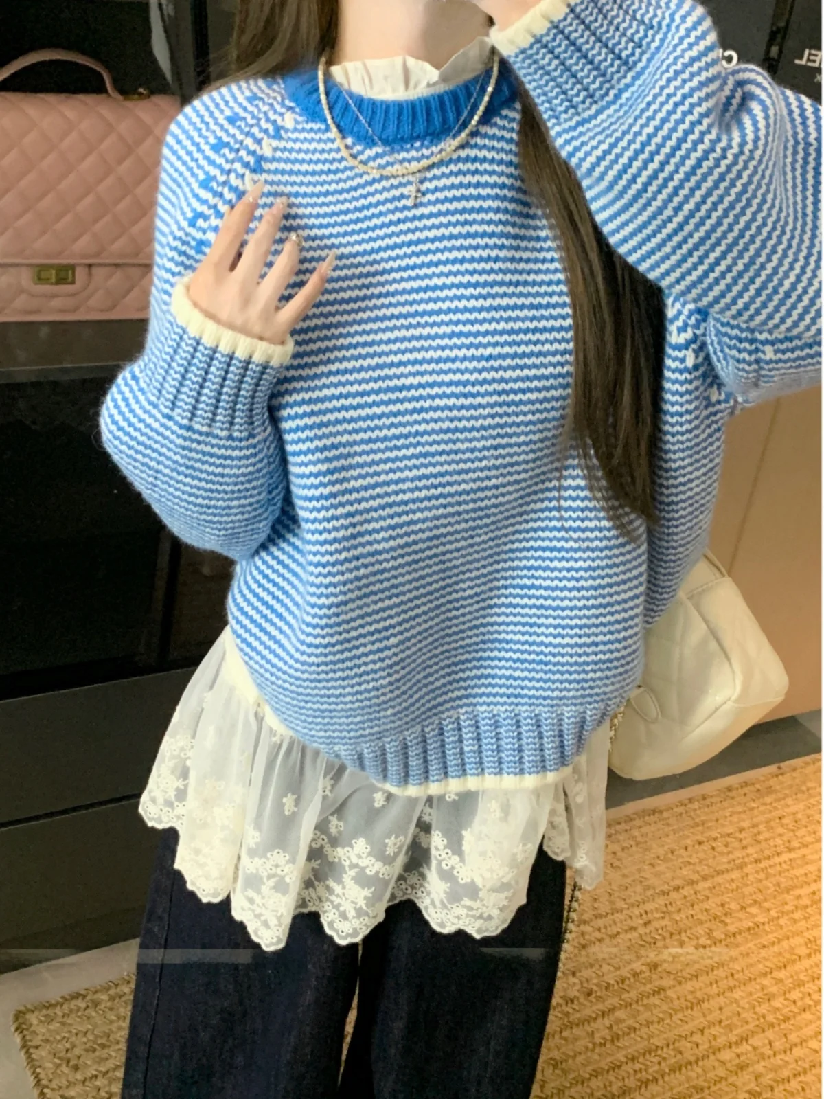 Популярный дизайн корейский свитер в синюю полоску женский зимний 2024 новый