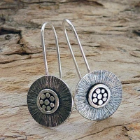 tribal circle carved metal hook earrings ancient silver color round disc ethnic drop dangle earrings female accessories