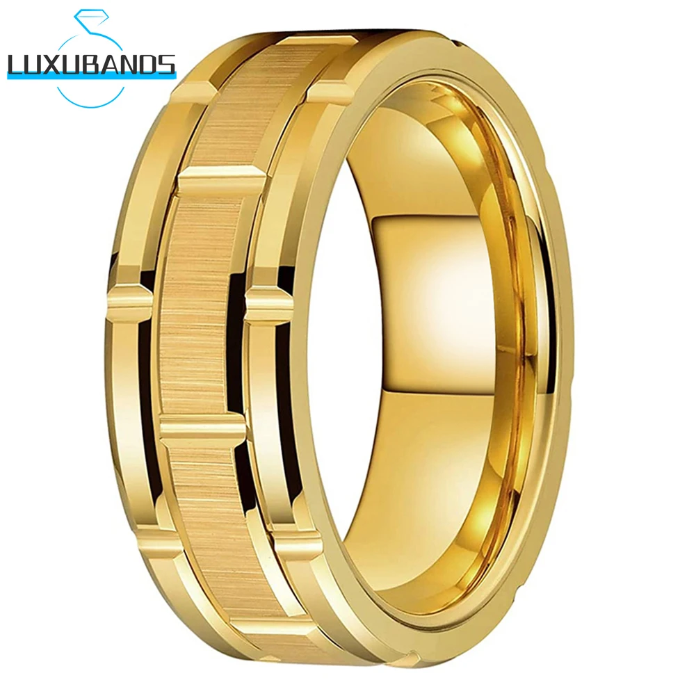 

Tungsten Carbide Wedding Ring For Women Men Gold 8mm Combined Beveled Edges Grooved Brushed Polished Finish In Stcok Comfort Fit
