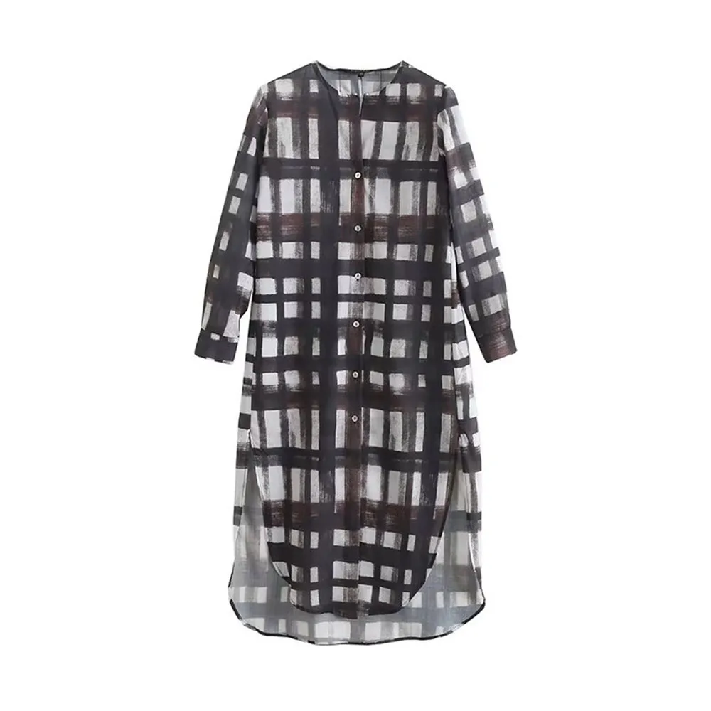 

PB&ZA Women 2023 Summer Fashion New Light and Thin Casual Plaid Print Dress Vintage Single breasted Unique Collarless Dress