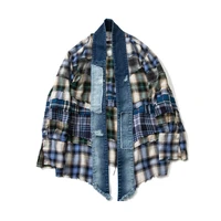japan style personalized multi flower plaid printing stitched loose taoist robe open stitch mens lapel blue casual jacket