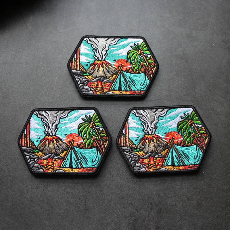 

Full Embroidered Patch Volcano Scenery Armband Coconut Tree Badge Stick DIY Backpack Hook Patch Large Size Morale Badge