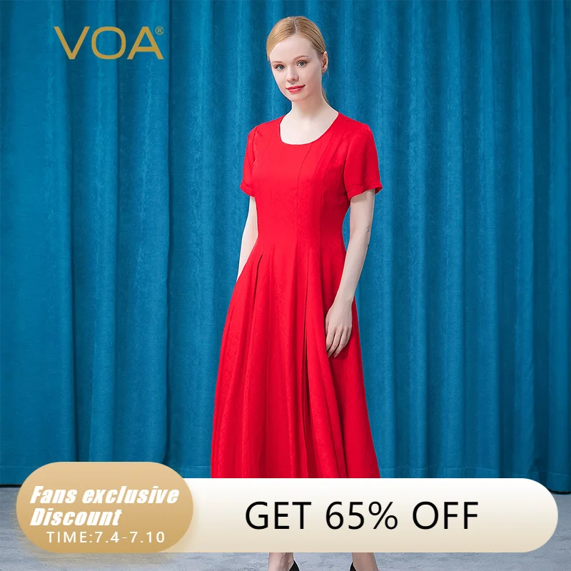 

VOA Prom Elegant Red Jacquard Silk A-line Dress Female Summer O-Neck Short Sleeve Enthusiasm Bohemian Party Dresses Women AE739