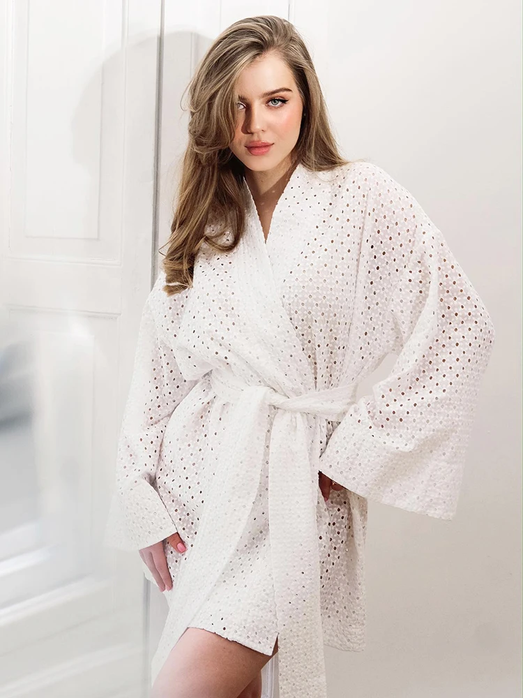 

Linad Loose Robes For Women Casual Long Sleeve V Neck Sleepwear Sashes White Bathrobe Female Cotton Pajamas Summer Nightwear