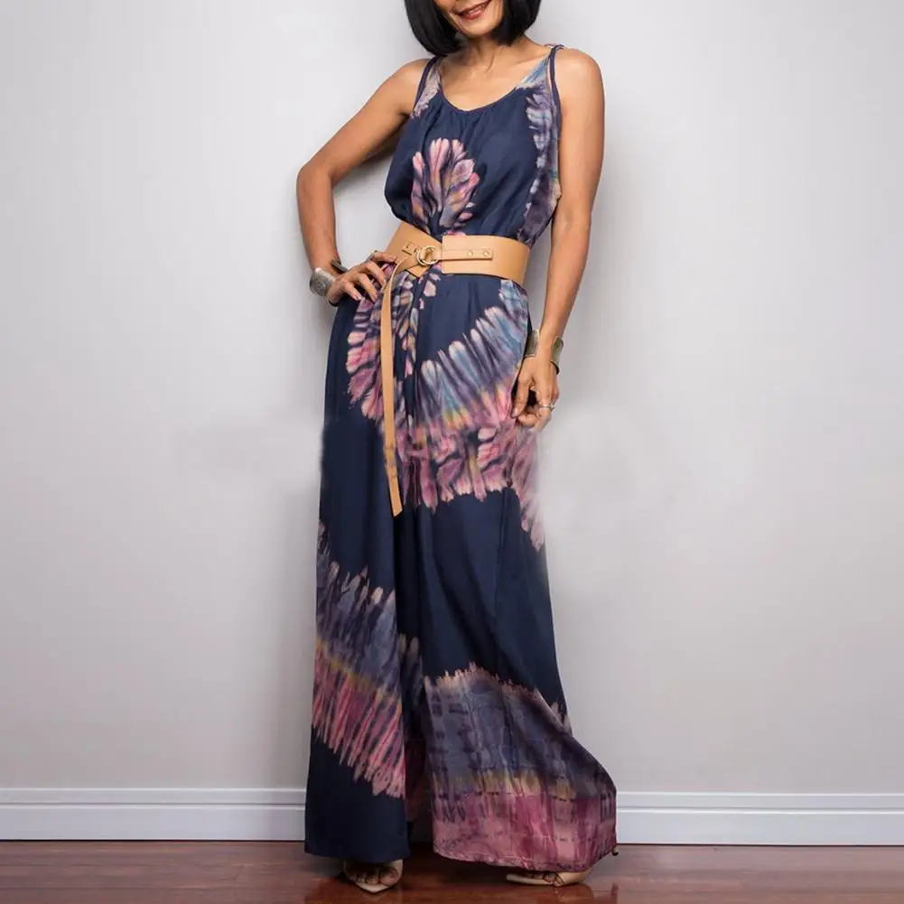 

Tie Dye Print Wide Leg Summer Sleeveless Women Jumpsuit Breathable Shoulder Strap Jumpsuit Elegant Wide Leg Jumpsuit for Daily