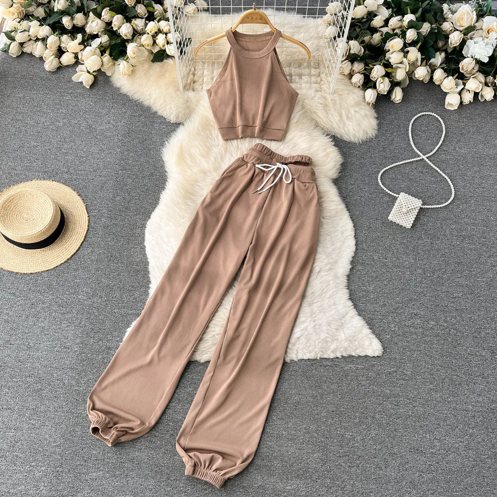 

2022 Summer New Sports Suit Round Neck Sleeveless Short Hanging Neck Top High Waist Tied Feet Leisure Straight Pants tracksuits
