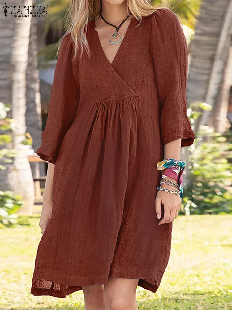 

ZANZEA Bohemian Elegant Dress Solid Color 3/4 Sleeve V-Neck Knee Length Dresses Female Fashion Casual Vintage Holiday Loose Robe