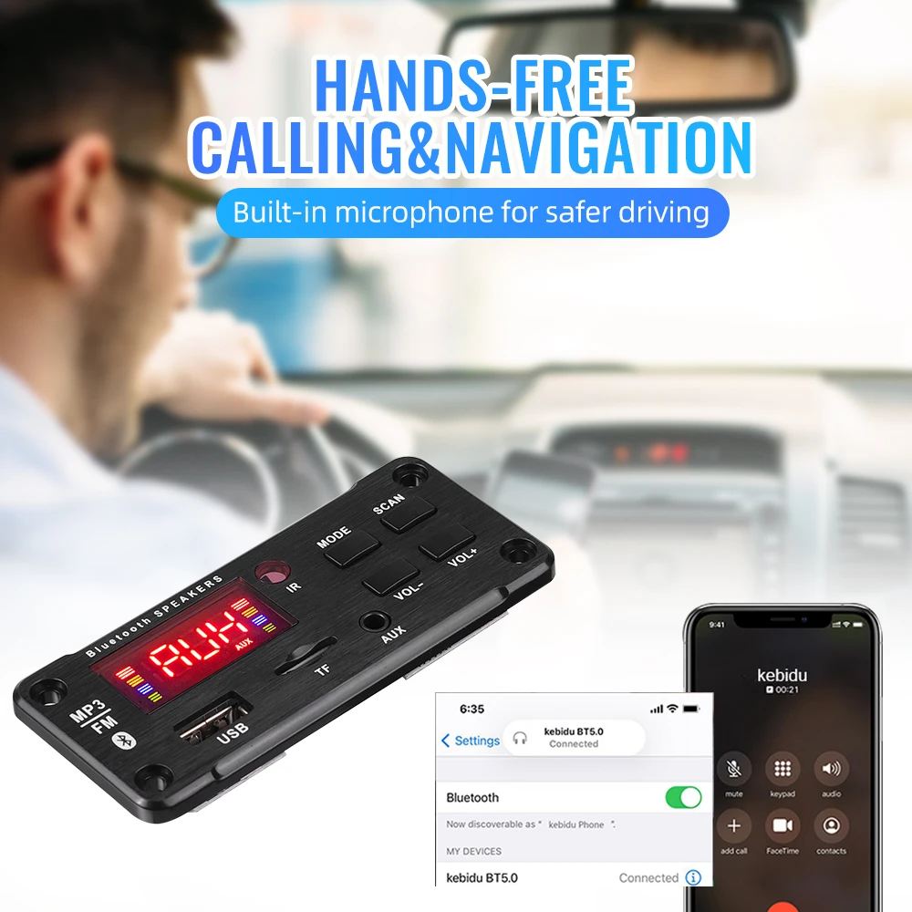 Плата mp3-декодера Kebidu 2*25 Вт 5 В 12 с большим цветным экраном Bluetooth 0 автомобильная