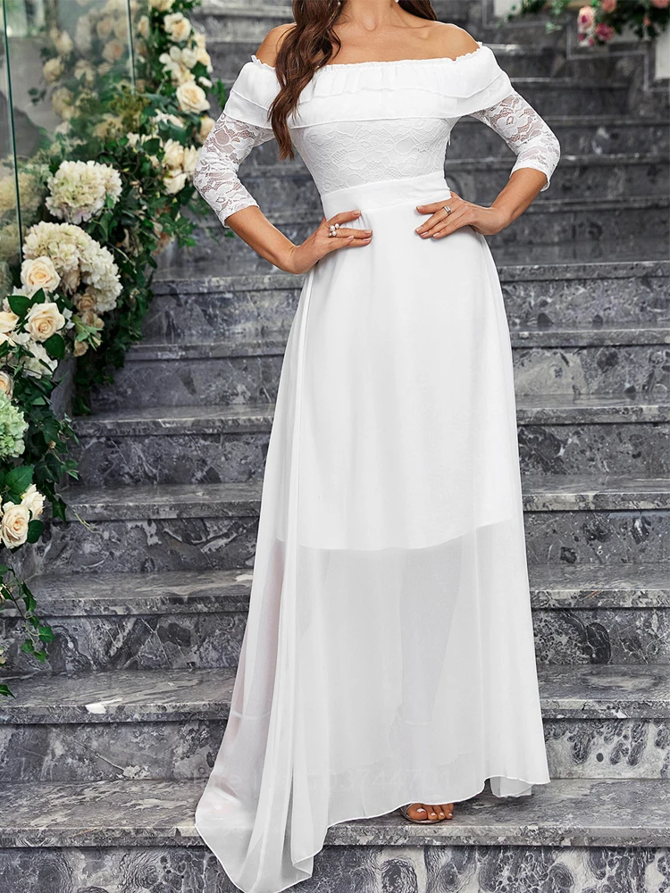 Женское ТРАПЕЦИЕВИДНОЕ свадебное платье It's yiiya белое кружевное бальное с