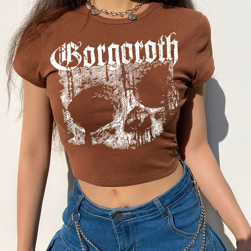 

Harajuku Skull Punk Streetwear Women's Tee Summer Casual 90s Vintage Graphic Print Short Sleeve T-Shirt Slim Crop Top Blusa