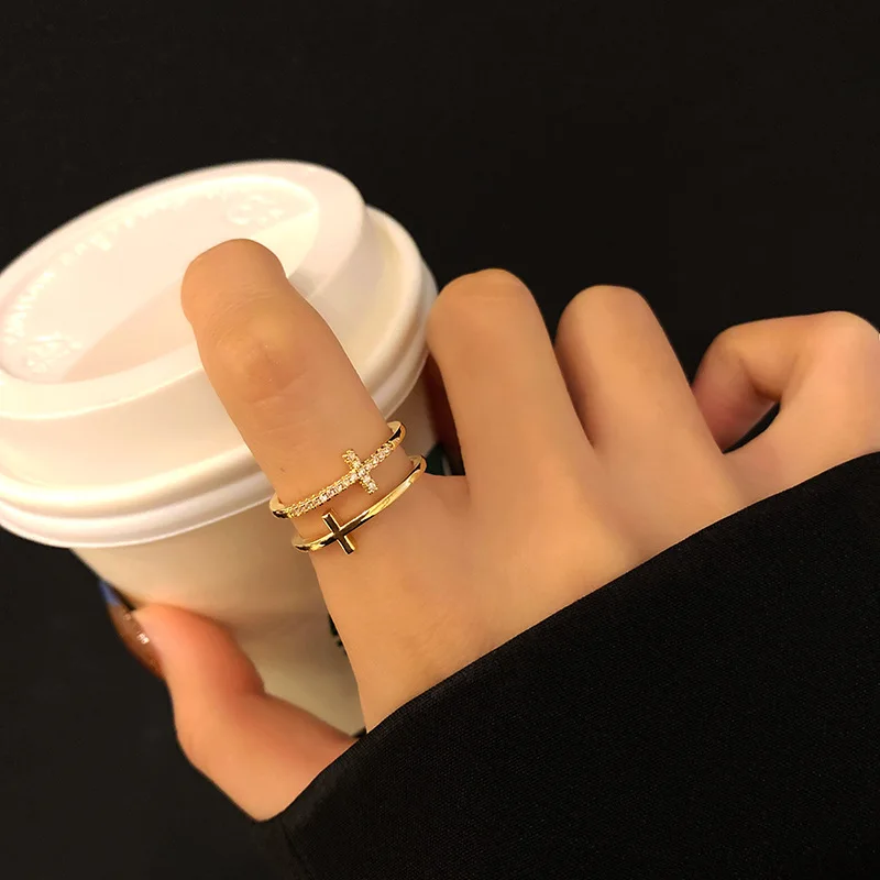 

Женское Открытое кольцо с двойным крестом LATS, серебристое кольцо на указательный палец в Корейском стиле с мигающим цирконием, модные ювели...