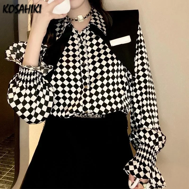 

Женская Шахматная блузка с длинным рукавом, свободная рубашка в японском стиле с отложным воротником, Корейская блузка в стиле Харадзюку, 2023