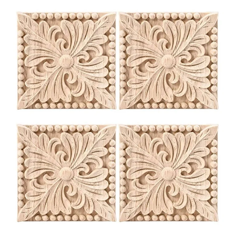 

8 Pack Wood Carved Applique Onlay Square Carving Decal Unpainted Flower Door Cabinet Furniture Decoration 3.94X3.94Inch