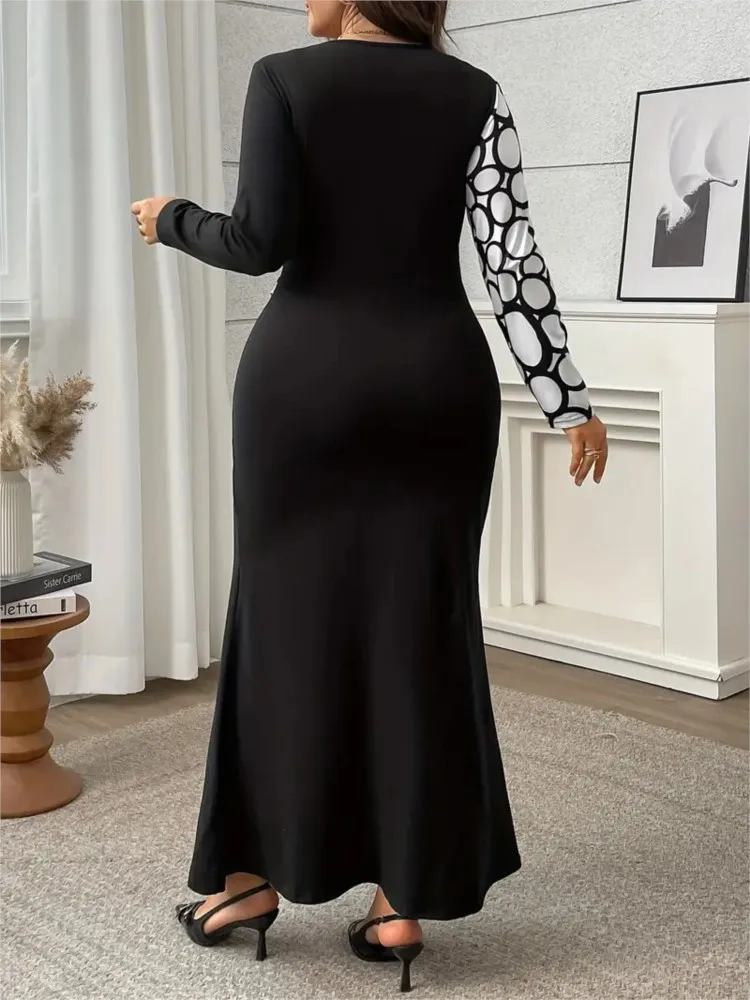 Плюс размер геометрический принт лоскутное осеннее платье рыбий хвост женское