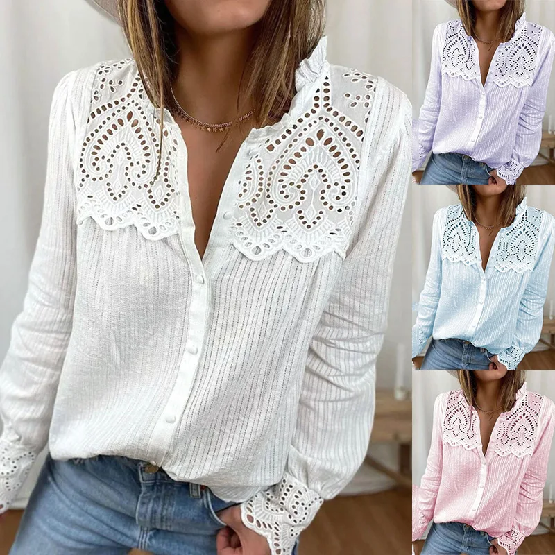 

2022 Summer New Solid Color Women's Shirts Fashion Casual Long Sleeve Single Breasted Ladies Solid Color Lace Stitching Shirt