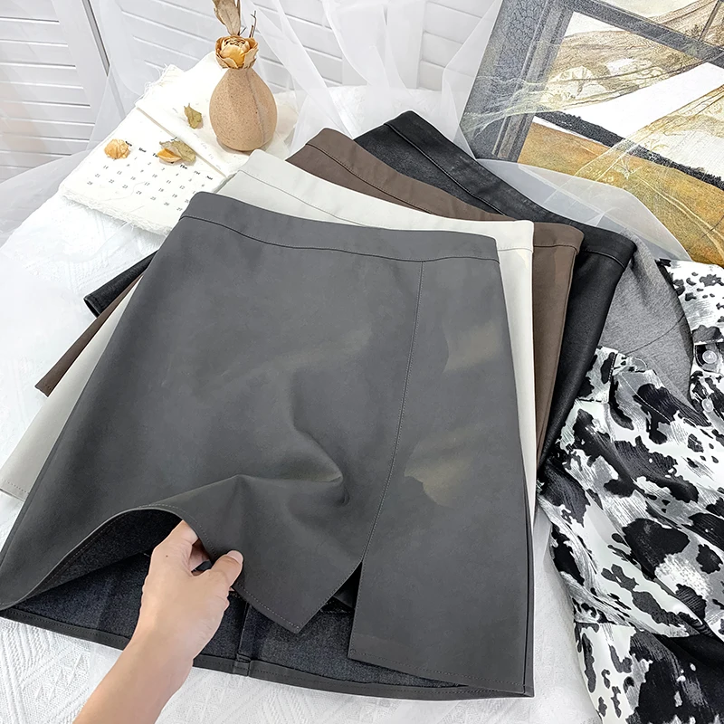 High Waist Temperament Is Slim Split Black PU Small Leather Skirt Women's Hip Bag Autumn Anti-runaway Joker A Skirt