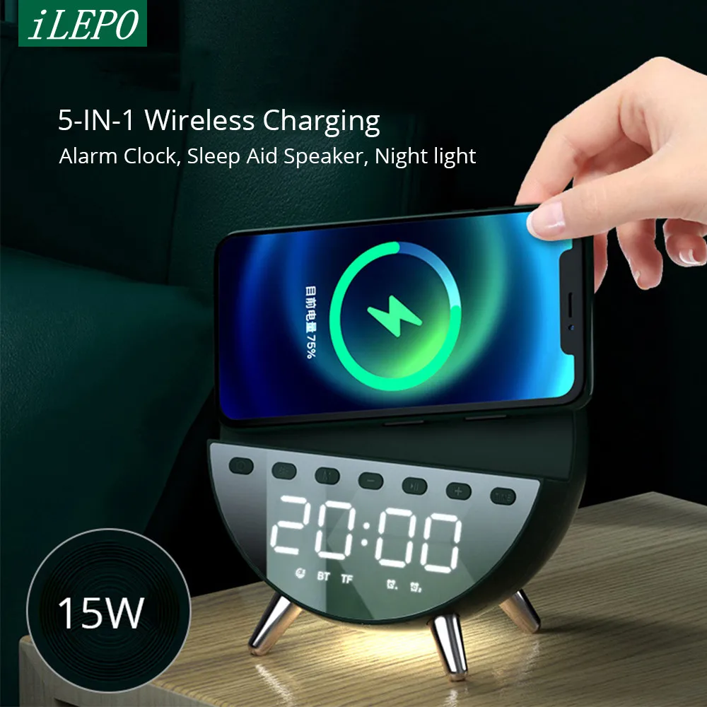 

iLEPO Alarm Clock Wireless Charger 5 in 1 with Night Light Universal Mobile Phone Chargers Bluetooth Speaker Wireless Charging