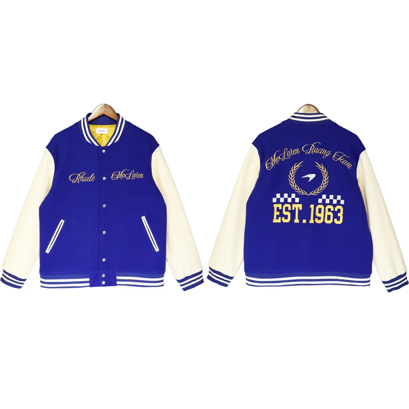 

22ss Blue Patchwork RHUDE Bomber Pilot Jacket Woolen Coat Men Women High Quality Embroidery Floral Badge Rhude Baseball
