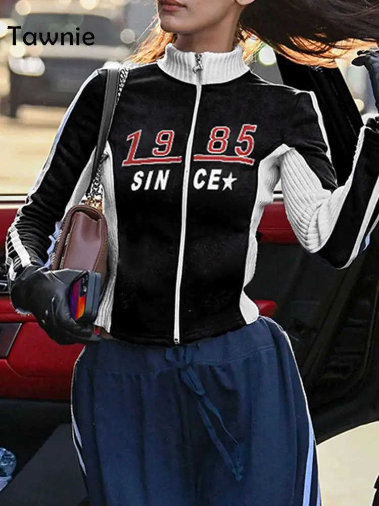 

Женская приталенная куртка на молнии Tawnie, винтажная Лоскутная куртка с длинным рукавом и воротником-стойкой и буквенным принтом, осень 2022