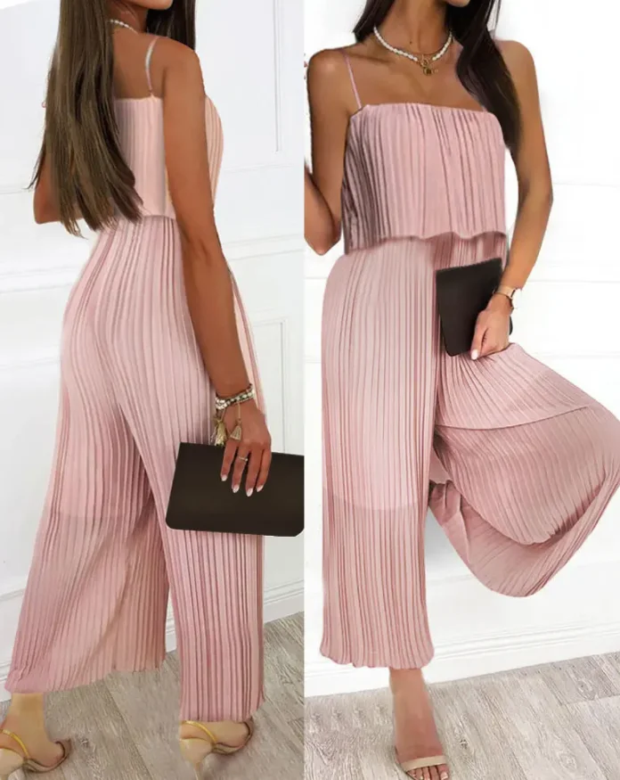 2022 Women's Jumpsuit Elegant Pink Spaghetti Straps Ruffle Hem Pleated Casual Vacation Back Green Wide Leg Jumpsuit