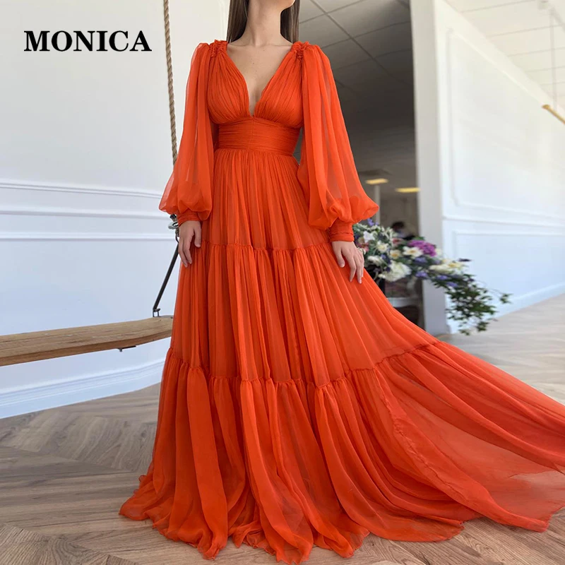 Купи Long Sleeves Simple Prom Dresses Orange Chiffon Pleated V-Neck A-Line Christmas Evening Gowns Maxi Birthday Party Dress 2022 за 5,602 рублей в магазине AliExpress