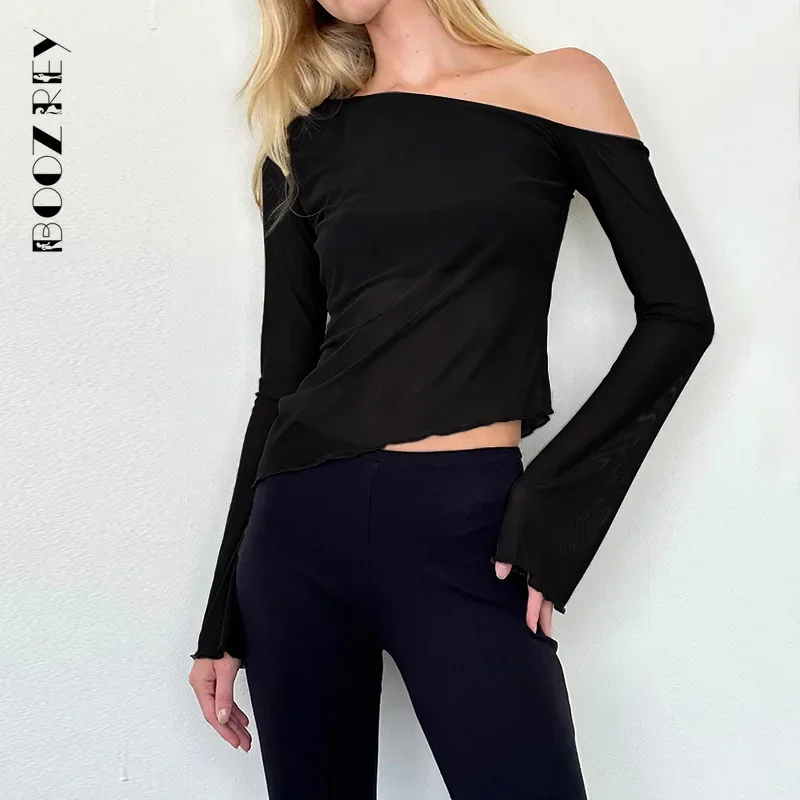 BoozRey 2024 Осень новинка косые плечи сетка без бретелек с длинным рукавом однотонный