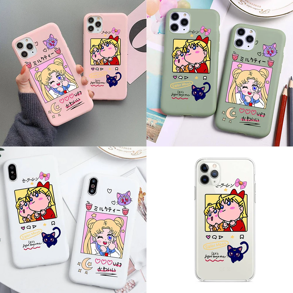 

cute Sailor Moon Phone Case For iphone 13 12 11 Pro Max Mini XS 8 7 6 6S Plus X SE 2020 XR Matte Candy color Silicone cover