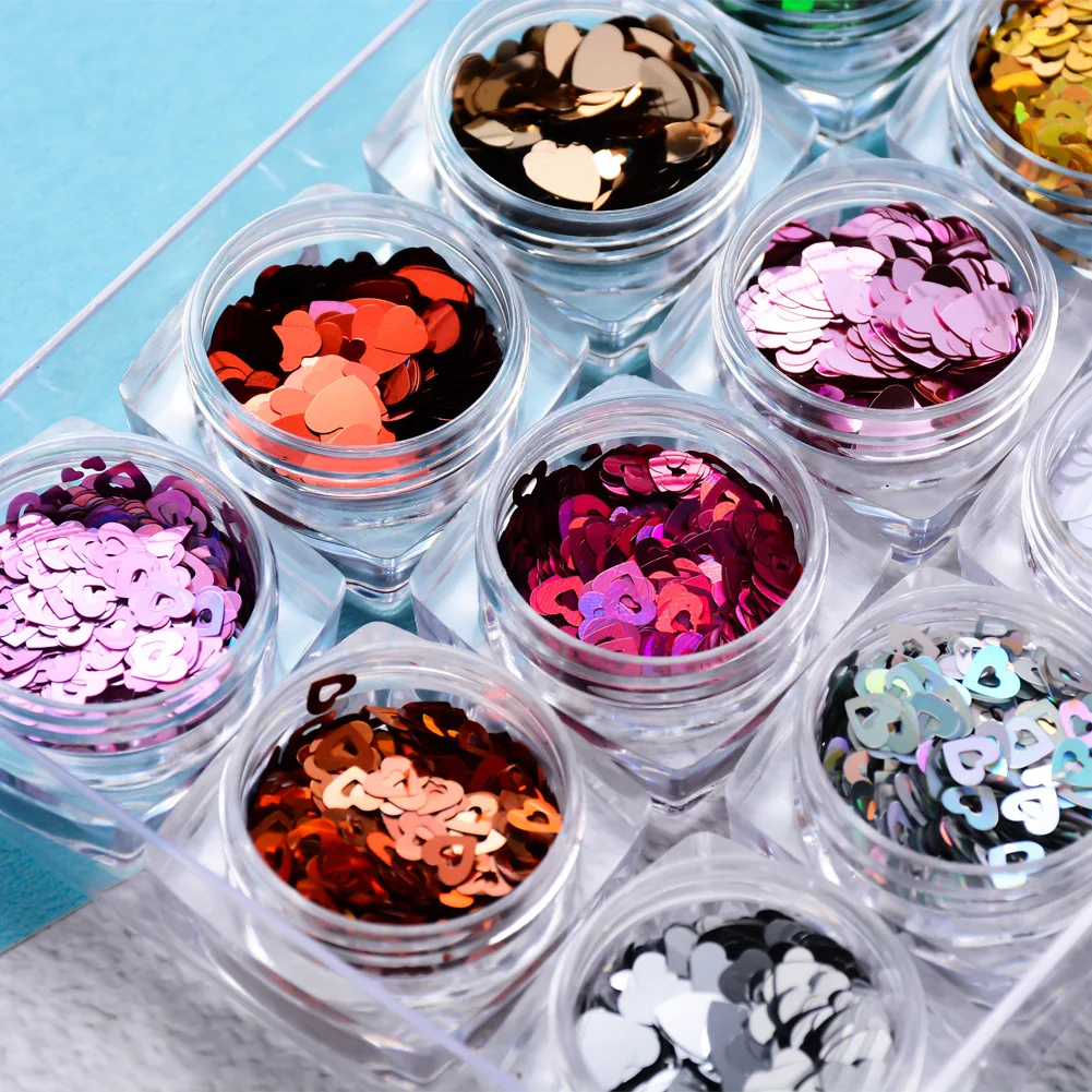 

50G Holographic Hollow Hearts Glitter Heart shape 12 Colors Laser Glossy Nail art Sequins Holo Hollow Heart spangle sequins Bulk
