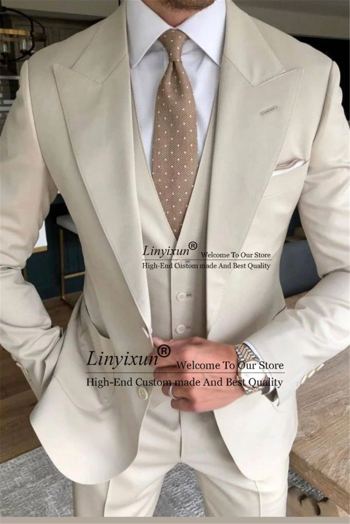 

Модные Бежевые мужские костюмы для свадьбы, облегающие смокинги для жениха с пиковым отворотом, блейзер для лучшего человека, комплект из 3 предметов, мужской костюм