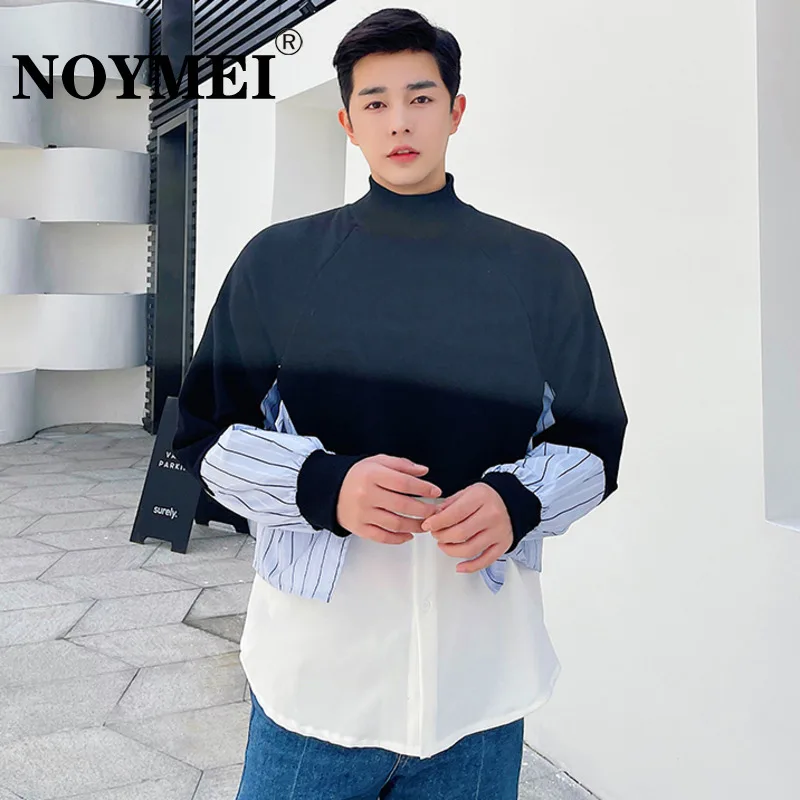 

NOYMEI Sweatshirt Men 2023 Round Neck Pullover Sweater Fake Two-piece Patchwork Color Contrast Half High Collar Pullover WA1184