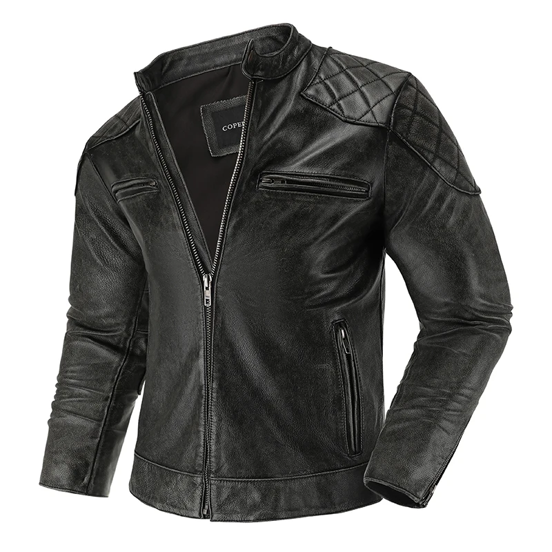 

Top Layer Cowhide Moto Jacket Men's Leather Jacket Vintage Gray Calfskin Biker Jacket Fashion Genuine Leather Men's Clothing