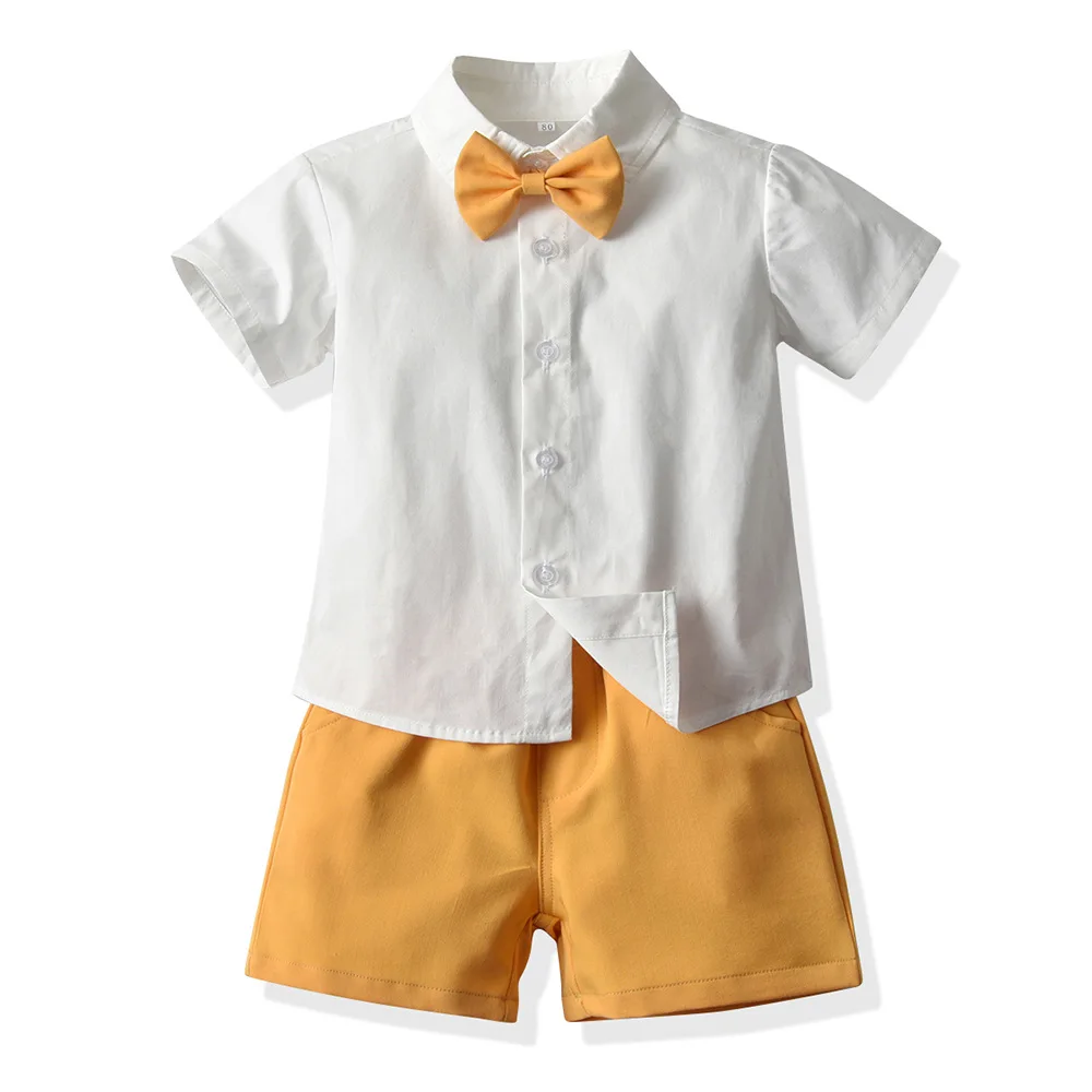 Kids Two Piece Clothing Set Boys Summer Short Sleeve Bowtie Shirt+Overalls Gentleman Clothes 6M To 8yeards Old Boy Clothing Set