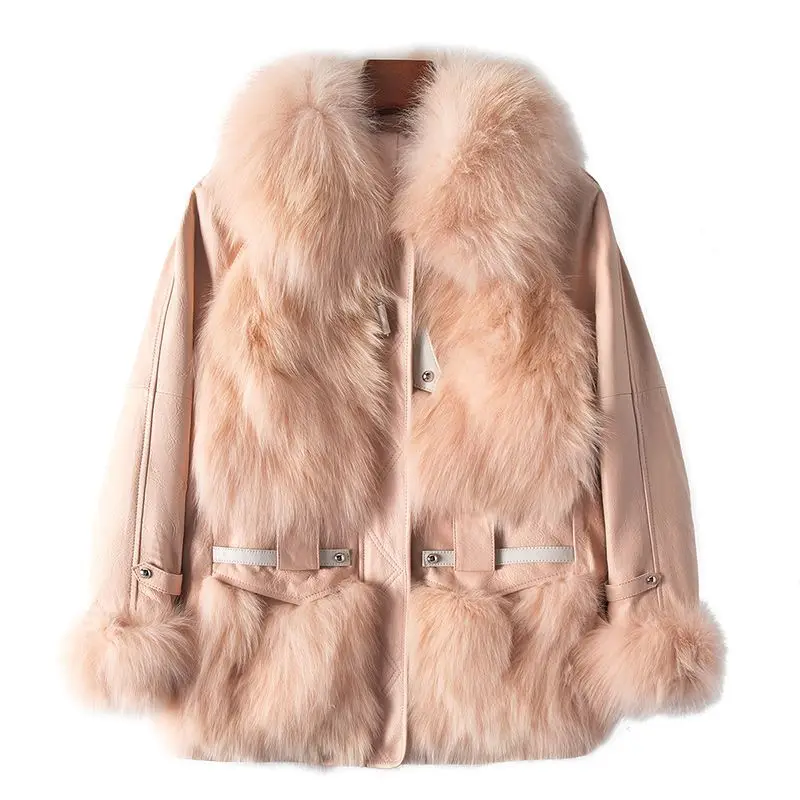 

A Small Amount of Clothing 2023 Autumn and Winter New Fox Hair Spliced Sheepskin Coat for Women's Mid length Genuine Fur Coat