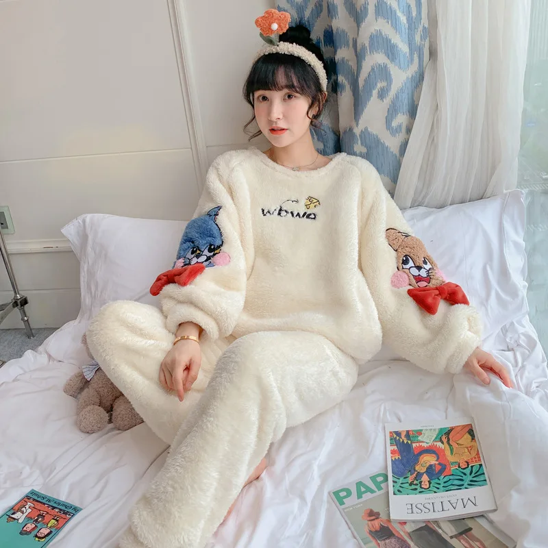 

Comfy Pijama Women 2-Piece Warm and Cozy Long Sleeve Flannel Pajama Sets Cute Cartoon Plush Sleepwear Lounge Sets Loungewear Set