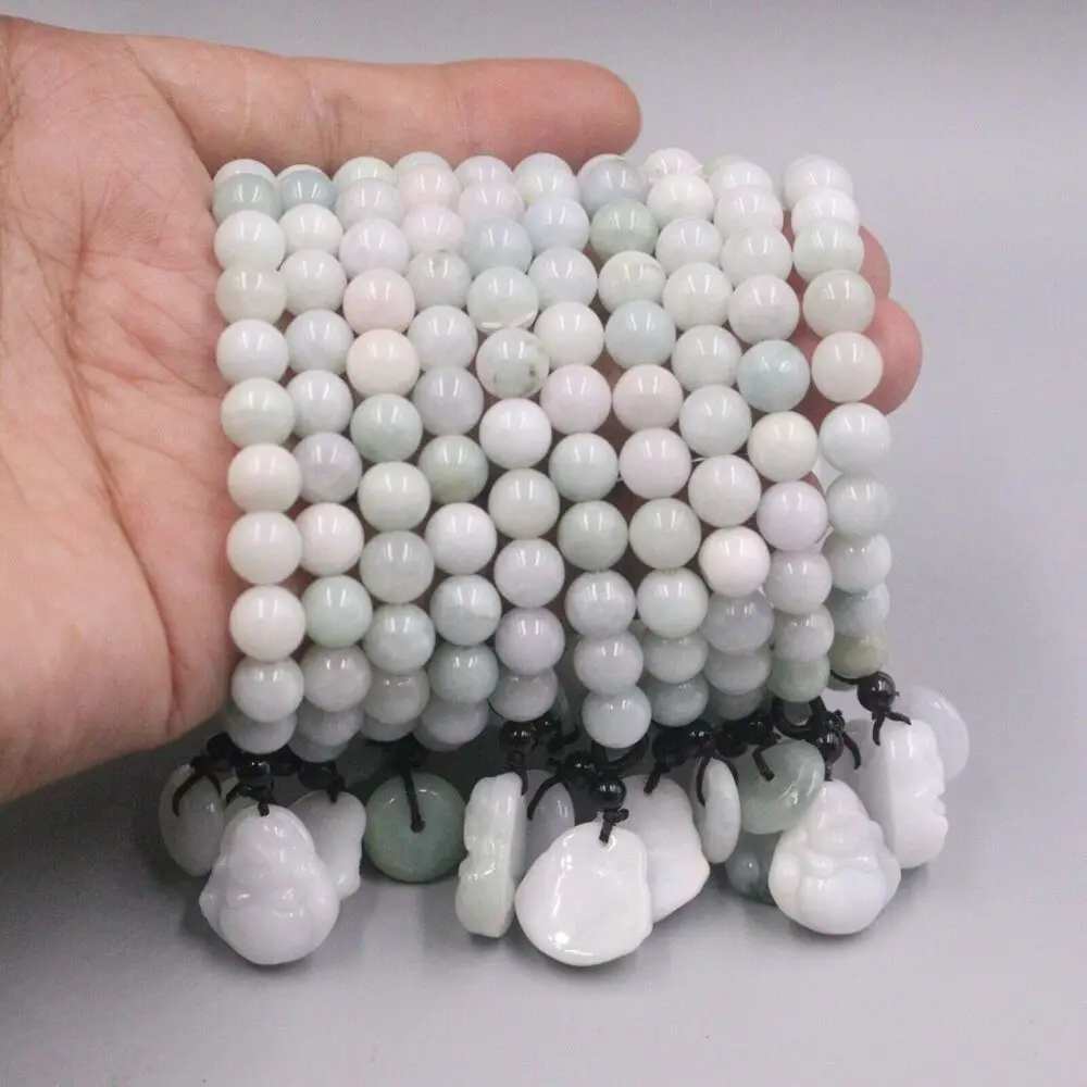 Натуральный жадеитовый талисман "Счастливый Будда" на браслете с 8-миллиметровыми жемчужинами для женщин.