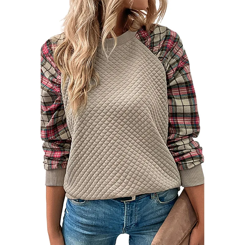 

Long Sleeve Daily Pullovers for Women Plaid Print Panel Textured Knit Raglan Sleeve Knitwear Spring Fall Graphic T Shirts 2023