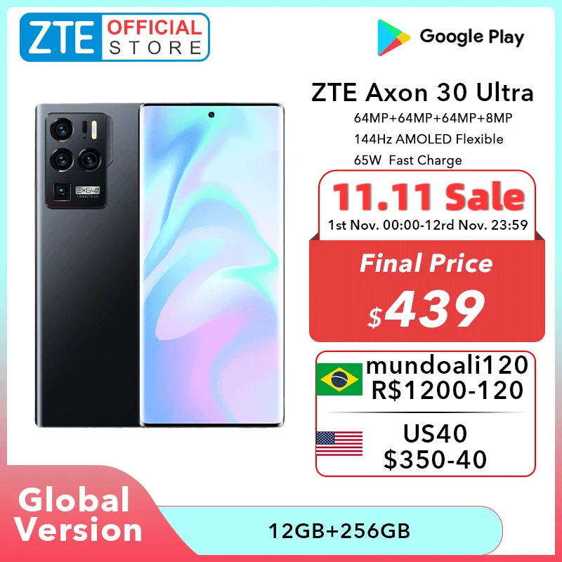 Cena Globalna Wersja ZTE Axon 30 Ultra 5G Smartphone 6.67 ''144Hz AMOLED Snapdragon 888 Potrójna Kamera 64MP 65W Spuercharge Telefon Komórkowy