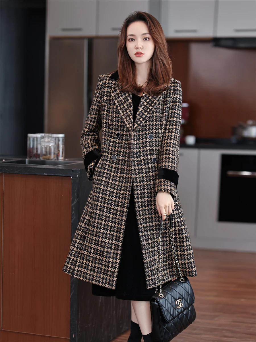 Women Elegant Plaid Long Blazer Trench Coat Jacket French Fashion Design Vintage Slim Double Breasted Windbreaker Female Outwear