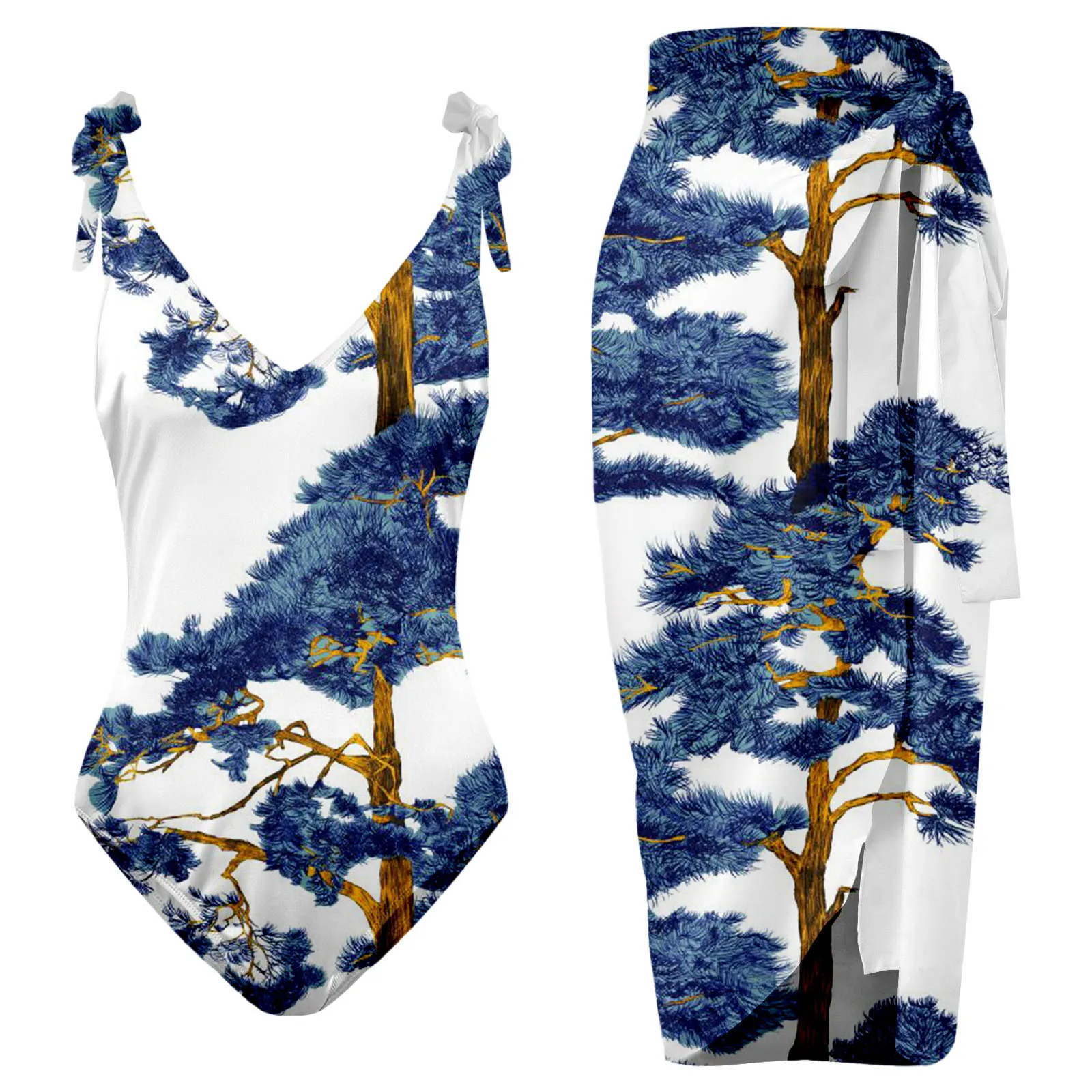 

Two Piece Swimsuit 1 Swimsuit +1 Beach Covering Floor Length Wrap Skirt vacation Backless Sports Vintage Swimwear swiming