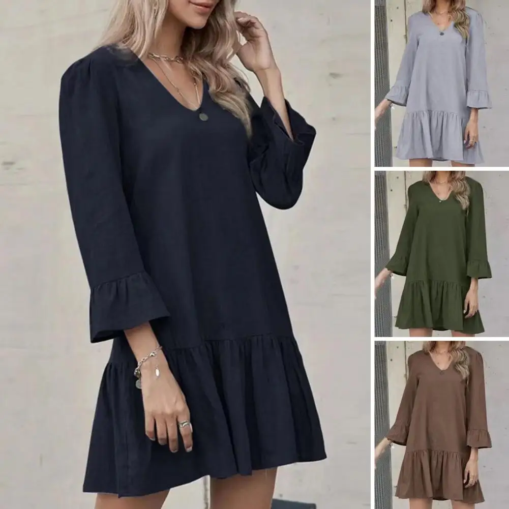 

Women Mini Dress Stylish Women's V Neck Pleated Patchwork Mini Dress with Trumpet Sleeves Soft Flattering Above Knee for Fall
