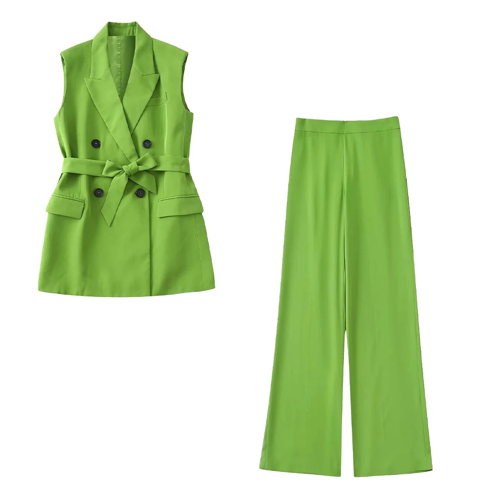 

WOMEN TRAF New 2022 New Belt Decoration Sleeveless Suit Style Vest Fashion Chic Retro Temperament Double Breasted Female Vest Tw