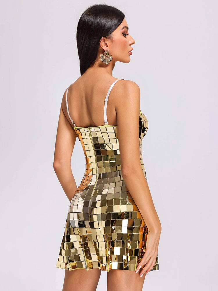 Блестящее Сверкающее золотистое зеркальное платье VC ТРАПЕЦИЕВИДНОЕ сексуальное