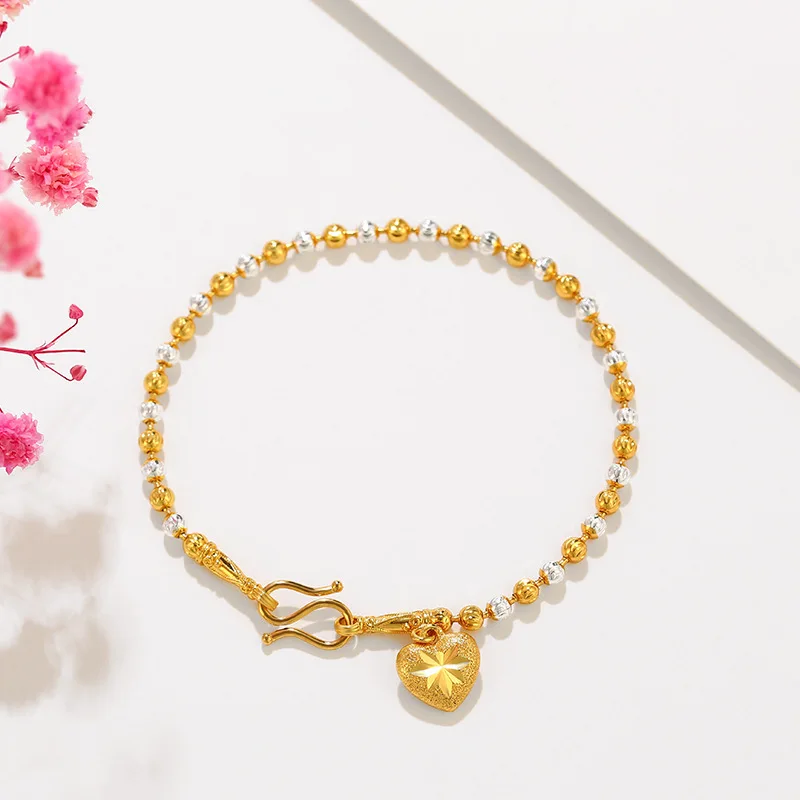 

Pure 18K 999 Yellow Gold Heart Love Pendant Bracelet for Women Classic Wedding Link Bracelets Christmas Gifts Jewelry Never Fade