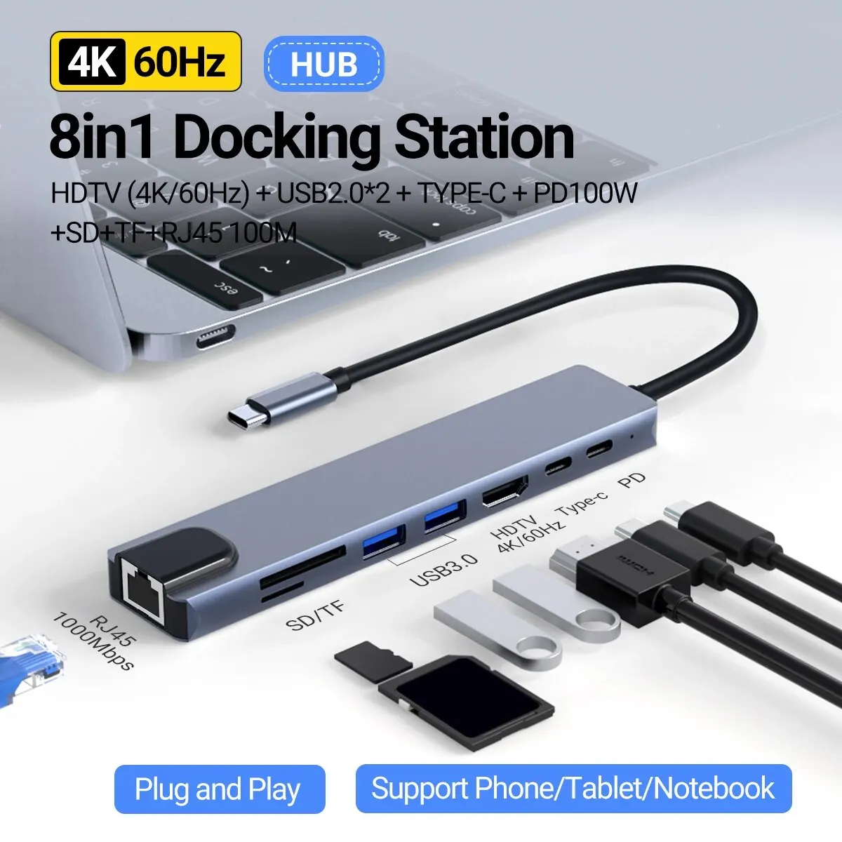 USB C Hub 4K @ 60Hz Ethernet 8 в 1 многопортовый адаптер к HDMI док-станции Тип донгл