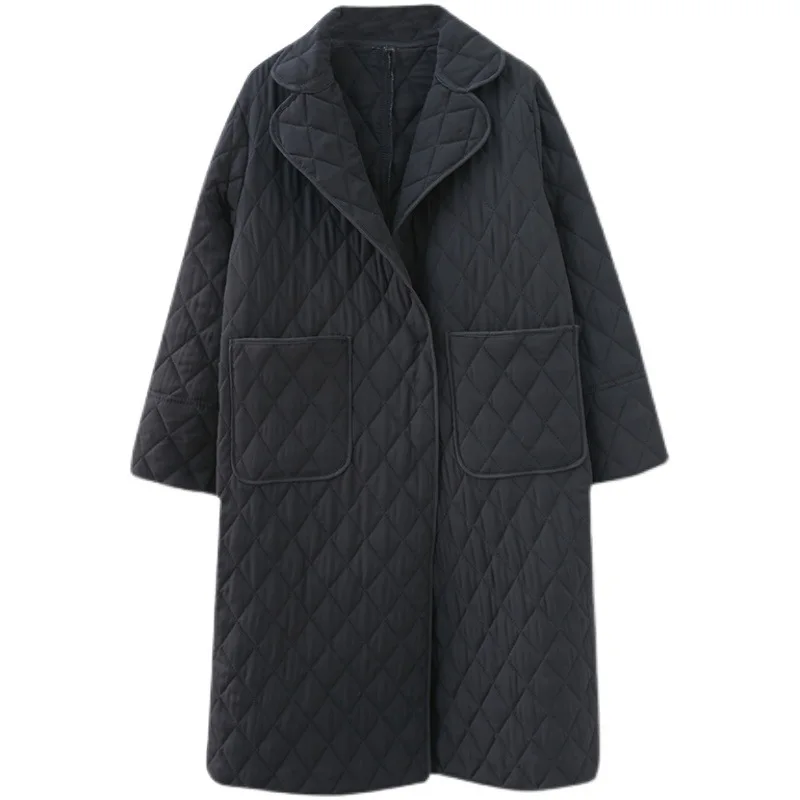 2022 Fashion Women's Winter New Retro Rhombus Cotton Long-Sleeved Stand-Up Collar Solid Color All-Match Literary Retro Long Coat