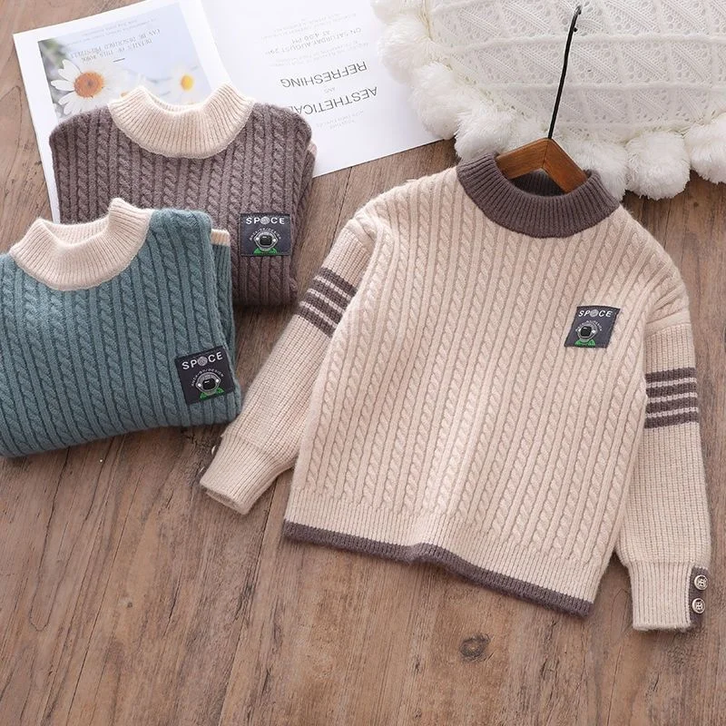 

Boys Woolen Sweater Cotton Knitting 2022 Scoop Warm Thicken Velvet Winter Autumn Windproof Children's Clothing