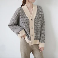 winter knitted sweater cardigan jacket jacket womens loose wind stripe single breasted v neck cardigan womens sweater