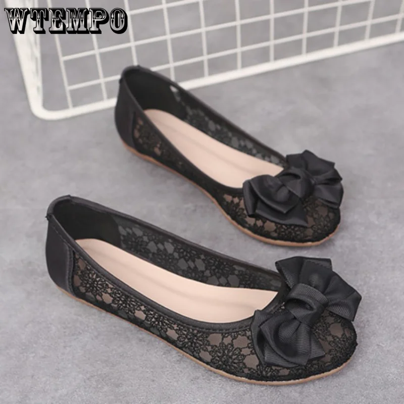 

WTEMPO Maternity Shoes Breathable Mesh Single Shoe Women's Flat Work Shoes Flat Heels Bow Round Toe Lace Shoes Summer